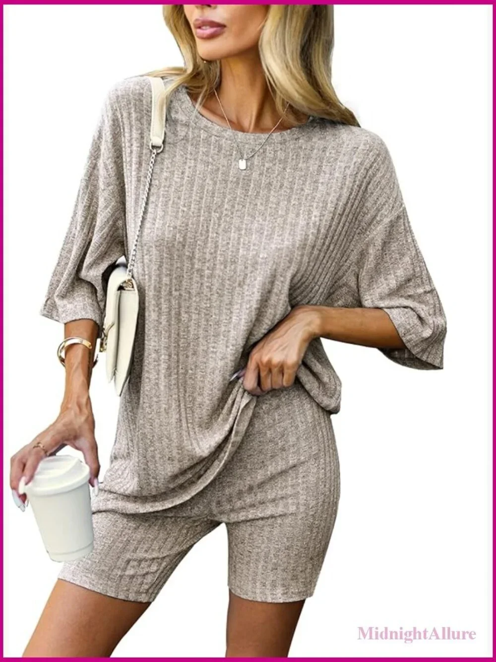 2 Piece Ribbed Knit Lounge Set - Tshirt & Biker Shorts Pajama Set
